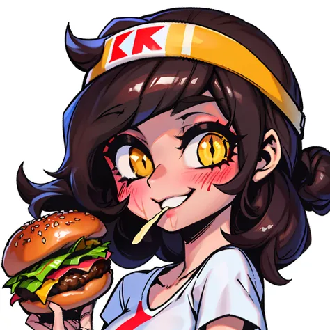 "The girl eating a burger from KFC has a head of soft and curly brown hair, wearing a bright headband that adds to her lively and cute appearance. Her face is round and adorable, with fair skin and a slight rosy tint that gives off a healthy glow. She is d...