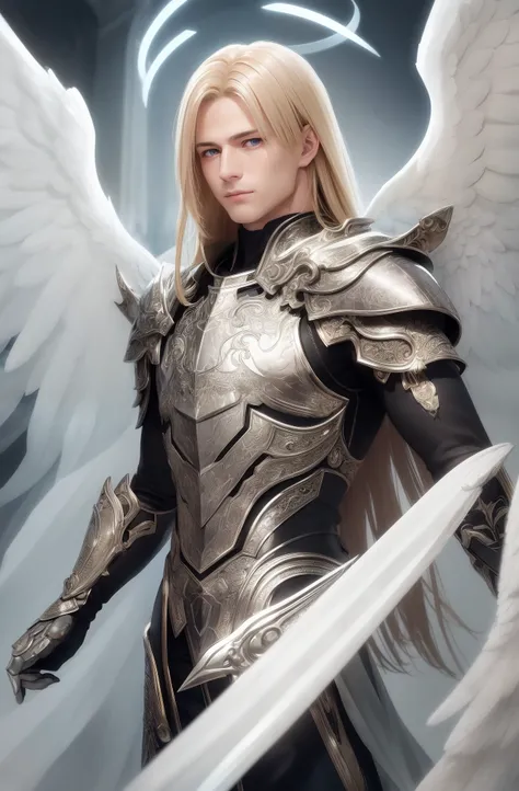 best quality, masterpiece, upper body,
bright highlights, (extremely detailed CG unity 8k wallpaper), handsome young man, angelic wings, halo,
(male, man), long hair, serious, dramatic pose, shiny armor, knight, cinematic lighting, photorealistic, dynami...