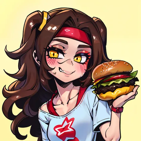 "the girl eating a burger from kfc has a head of soft and curly brown hair, wearing a bright headband that adds to her lively an...