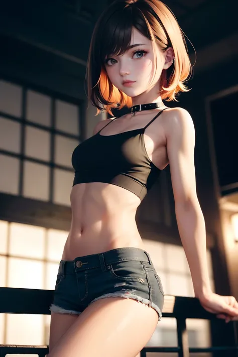 ((medium breast, tomboy girls, small head)), (chiseled abs : 1.1), (perfect body : 1.1), (short wavy hair : 1.2) , auburn hair, collar, chain, full body shot, crowded street, wearing black tanktop, jeans jacket, ((shorts)), (extremely detailed CG 8k wallp...