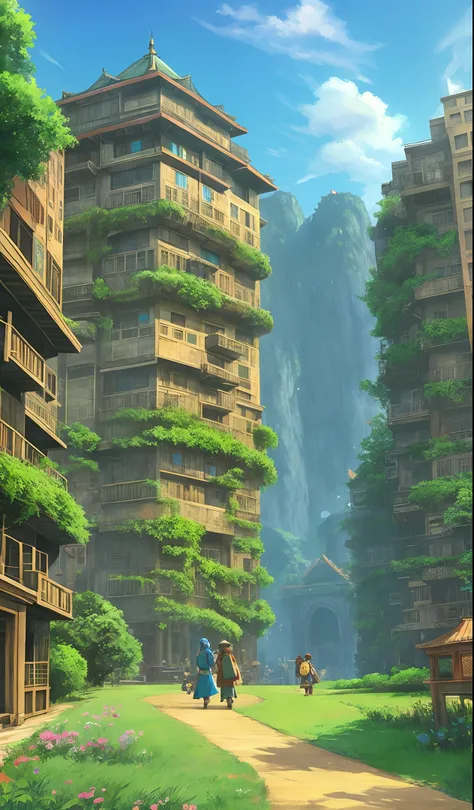 a huge vietnam old apartment building by howl's moving castle ghibli, by miyazaki, nausicaa ghibli, breath of the wild, epic com...