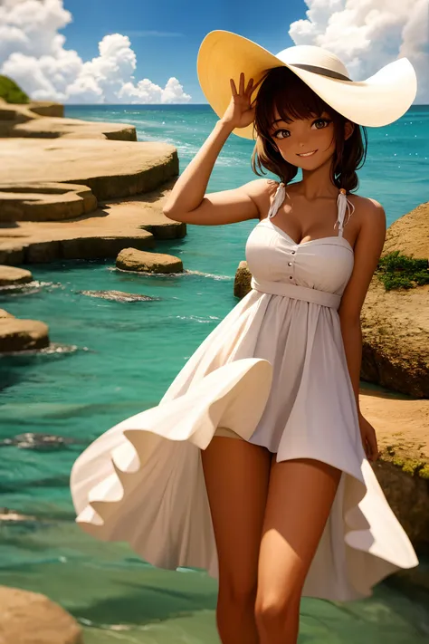 absurdres, 1girl, ocean, railing, white dress, (sun hat:0.85), smile, waving, (cowboy shot:0.3), (medium breasts:0.4), sexy body