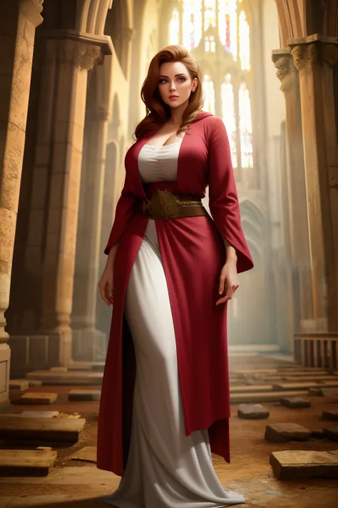 a woman in a robe standing in a abandoned church, detailed face, medieval, fantasy, thick legs, wide hips,