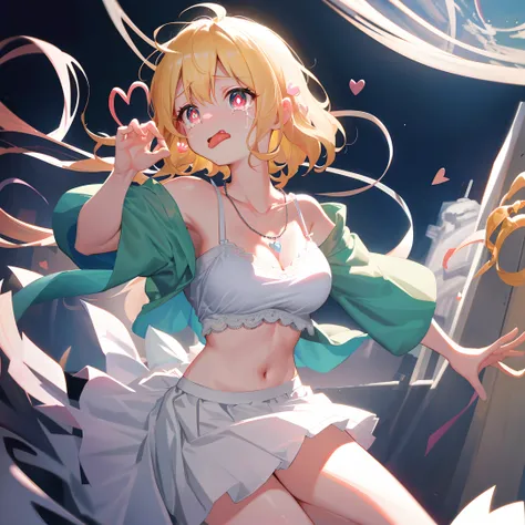 (Masterpiece: 1.4), (Best quality: 1.4), 8K, HD, ultra clear,1girl,(big breasts:1.4),blond hair,(Heart-shaped pupil:1.3),(Tongue out:1.2),scared:1.2,(cry:1.3),princess,Bare abdomen,White underwear,Lace underwear,Skirt,(Looking up),Spot light,night,bedroom,...