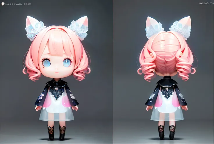 (Same character, front, side, back), simple background! , (full body), in the center of the screen, realistic texture, detailed lighting, delicate shadows, exaggerated hair, little girl, 3 beautiful eyes, big eyes with pink-green gradient, chib, fluorescen...