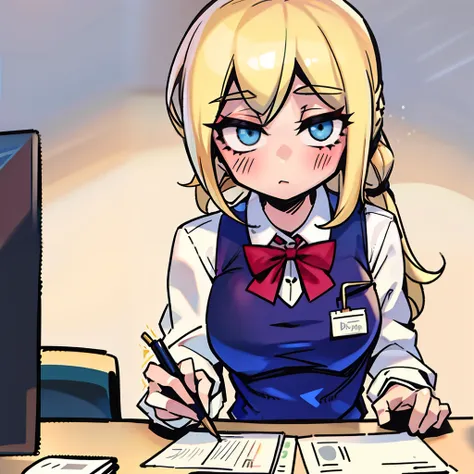 blonde girl, cute, busy at work