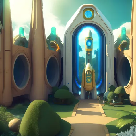 photo (ecovault:1),a futuristic castle with a rocket as the main body, cartoon, 3d, disney style, high quality, exquisite