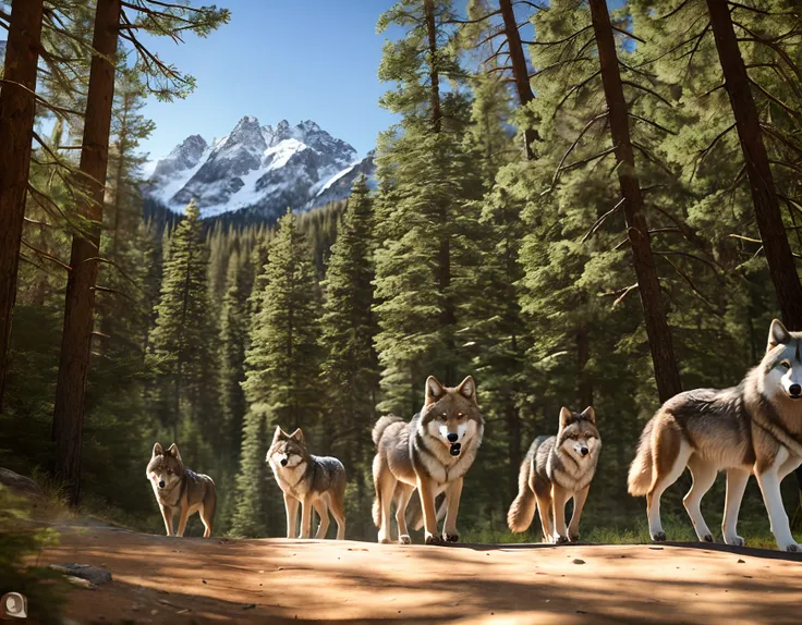 forest, dynamic, hyper-realistic wolf pack hunting scene with strong fur realism, in ultra-high definition 4k quality.