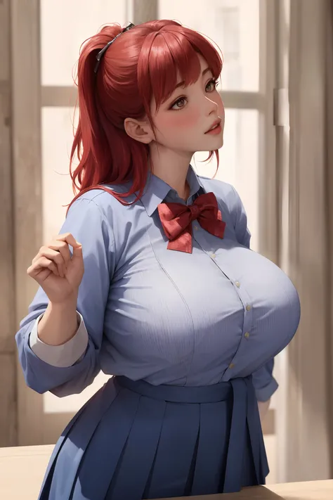 masterpiece:1.2, best quality), realistic, (real picture, intricate details, depth of field), (1girl, solo), make up, parted lips, highly-detailed, perfect face, (huge breasts:1.4), (skindentation), thick thighs, wide hips, small waist, tall, glossy coral ...
