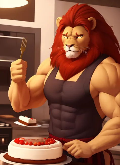 muscular, male, (lion head: 1.0), furry, kemono, photo, realism, cgi, warrior, (cooking cake: 1.2), iron fist, glowing eyes, red...