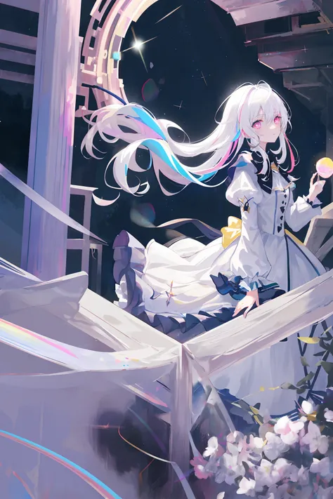Masterpiece, Best Quality, High Quality, High Resolution, Masterpiece* Portrait, Blank, Colorful, 1girl, Solo, White Hair, Prism Hair, [Pink|Green] Eyes, Gradient Eyes, Multicolored Eyes, Glowing Eyes, Glowing , glitter, Glow White particles around the eye...