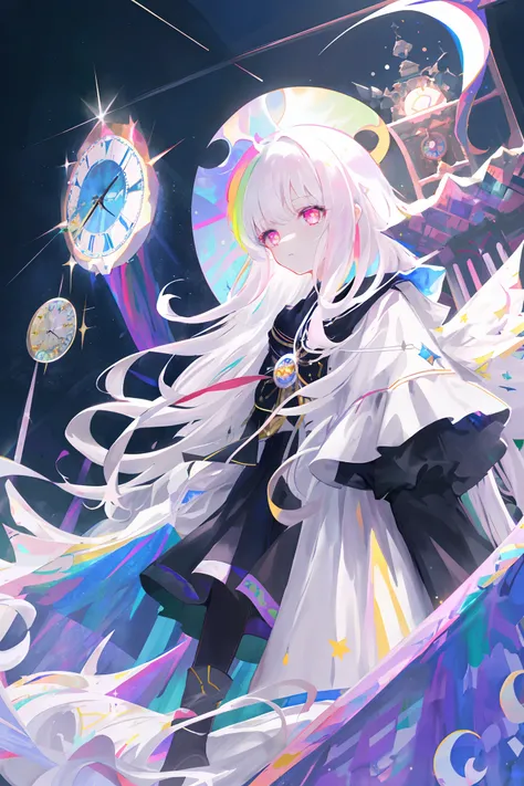 Masterpiece, Best Quality, High Quality, High Resolution, Masterpiece* Portrait, Blank, Colorful, 1girl, Solo, White Hair, Prism Hair, [Pink|Green] Eyes, Gradient Eyes, Multicolored Eyes, Glowing Eyes, Glowing , glitter, Glow Eye white particles, wind blow...
