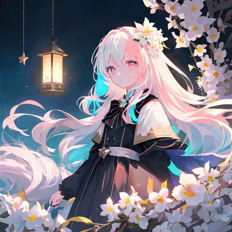 Masterpiece, Best Quality, High Quality, High Resolution, Masterpiece* Portrait, Blank, Colorful, 1girl, Solo, White Hair, Prism Hair, [Pink|Green] Eyes, Gradient Eyes, Multicolored Eyes, Glowing Eyes, Glowing , glitter, Glow Eyes, (white luminous particle...