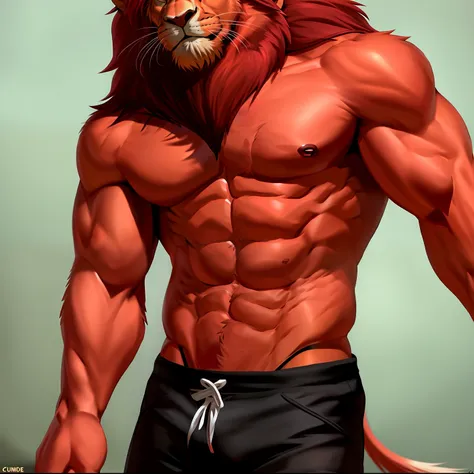 handsome muscular lion furry, red hair, muscular, handsome, (by chunie)