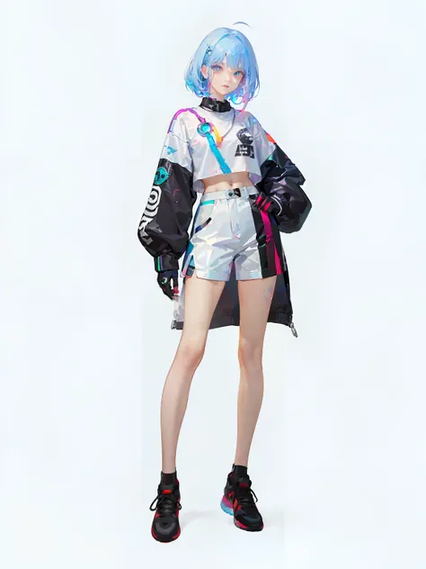 Long hair, pure white background, croptop, Kpop idol, short-sleeved T-shirt, hip-hop pants, colorful, 1 woman wearing a colorful PVC texture jacket ((movie interference)), full body, wearing sneakers, beautiful eyes, shiny , jewelry, portrait, original gam...