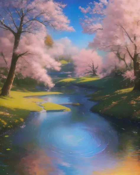 (High Resolution: 1.1), Best Quality, (Masterpiece: 1.2), Warm Bright Colors, Oil Painting, Pointillism, Trees, Water, Ripples, Sakura Trees, Blue Sky, Tranquility