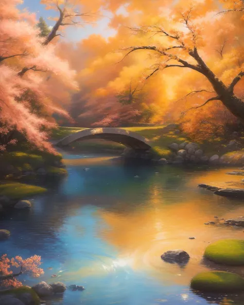 (High Resolution: 1.1), Best Quality, (Masterpiece: 1.2), Warm Bright Colors, Oil Painting, Pointillism, Trees, Water, Ripples, Sakura Trees, Blue Sky, Tranquility