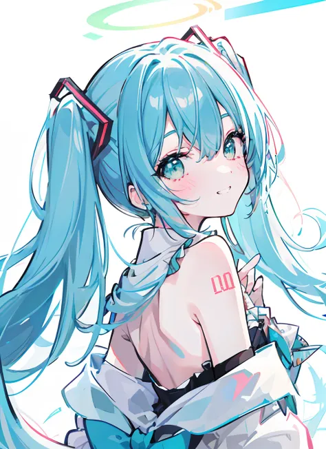 (masterpiece), (best quality),(miku),1girl,upper body,blush,grin,happy,backlight, lam_style, colorful_hair, facial_mark, neon_pa...