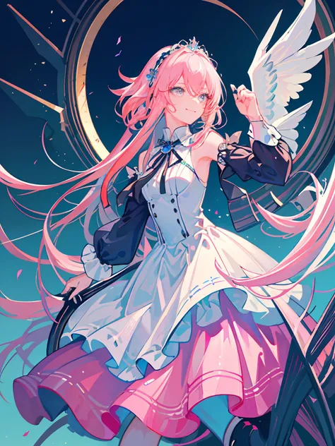 masterpiece,best quality,best quality,Amazing,beautiful detailed eyes,1girl,fine detail,Depth offield,extremely detailed CG unity 8k wallpaper,masterpiece,upper body,(vtuber minato aqua),pink hair,blue streaked hair,palace, holy , white floor length slit d...