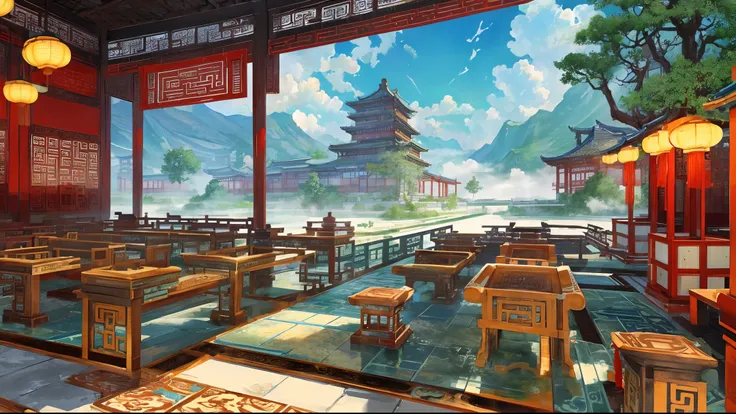 The game scene, the ancient Chinese palace is located above the clouds, misty, majestic, glazed tiles, ((color ink)), ((splash ink)), ((splash ink})), masterpiece, high quality, beautiful graphics, high detail