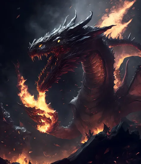 best quality, masterpiece, dark magic style, dark-ish color, smokes, magic dragon flying in the sky, dragons shooting fire balls, fire balls, dragons ruin world, ruin, huge dragons