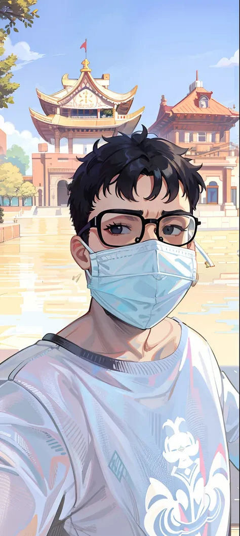 {{masterpiece}}Extreme illustration 1 male prince elegant short hair black hair cute close-up mask glasses