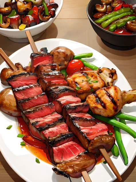 juicy grilled steak withvarious skewers, grilled chicken wings, grilled shiitake mushrooms, grilled meat, grilled string beans, ...