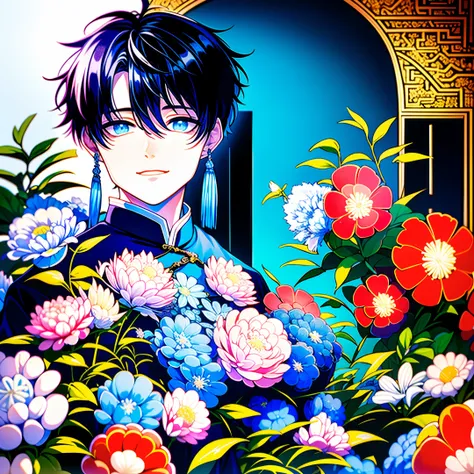 1 boy, china, (((hanfu))), [(bamboo forest:1.5)::5] , wearing traditional Chinese clothes, medium shot, full body, (rich in details), masterpiece, (crystal decoration lab, crystal pattern, Mecha robot cyberpunk details: 0.6), long sleeves, warrior pose, co...