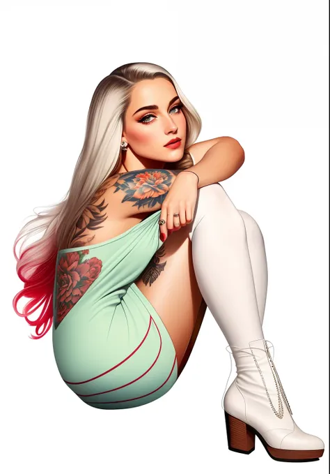 (photorealistic: 1.2), (masterpiece, side lighting, finely detailed beautiful eyes: 1.2), masterpiece*portrait, realistic, detailed face, glowing eyes, glowing hair, glowing skin, solo, relaxed, retro dress, white hair, brown eyes, 60s pin-up style, should...