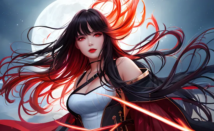 wavy long hair, black hair, bangs, windblown hair, glowing red eyes, red eyes, red lips, white shirt, beautiful, trendy outfit, pirate outfit, smart, realistic, anime eyes, digital painting, CGI art, fantasy setting, masterpiece, high detailed, 4K, night...