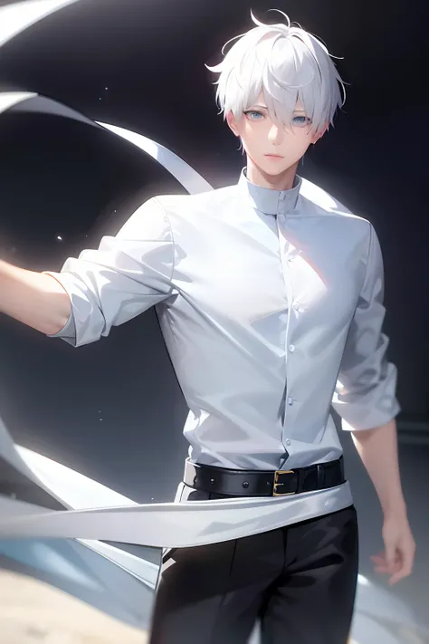 "An exquisitely detailed and beautifully rendered CG artwork featuring the epic, blue-eyed protagonist Gojou Satoru gazing directly at the viewer while standing at the sea background, wearing his iconic white short sleeve, styled with a captivating hairdo,...