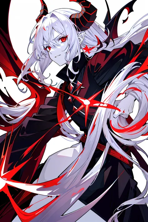 prompt:
(demonic horns, demonic tail, white hair, red eyes, pale skin, demonic wings),(young man), (ruby staff:1.3, casting a sp...