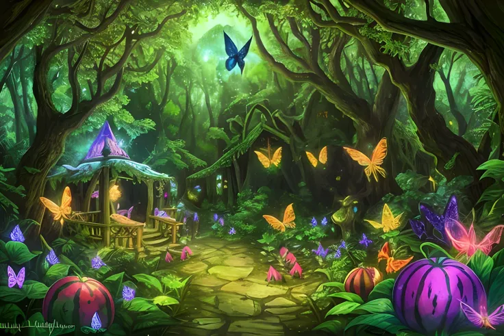 enchanted mystical village in a forest,colorful watermelon ，butterfly， well lit, colorful, melons, lots of watermelons