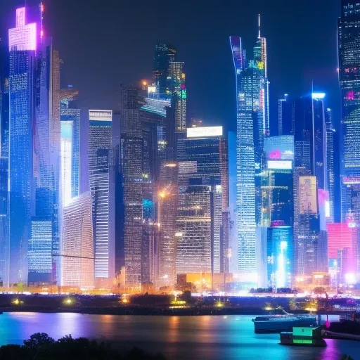 Cyberpunk is a futuristic cityscape with bright lights and a moon in the background at night