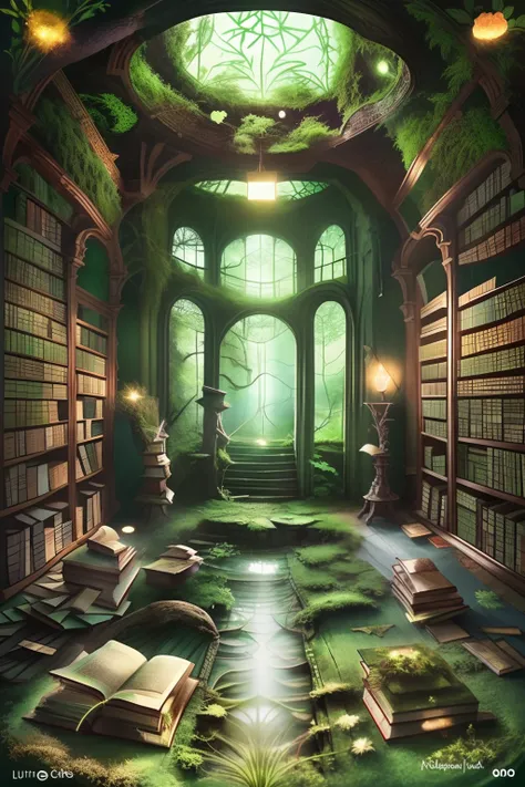 a mesmerizing masterpiece of an abandoned library, with ultra-detailed illustrations of mythical books coated in a layer of fore...