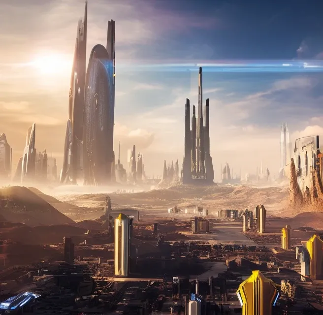futuristic sci-fi cityscape, science fiction, surreal, high resolution, city, majestic scene