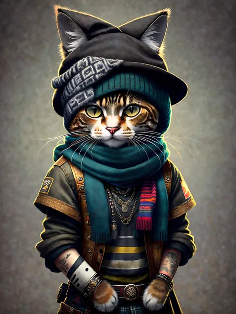 picture of a cat in a hat and scarf, art station trend, dressed in punk clothes, hyper realistic detailed rendering, british gan...