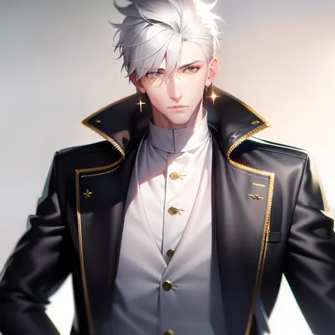 a tall and gray-skinned handsome guy with white hair and gold earrings on his ears against a clean background