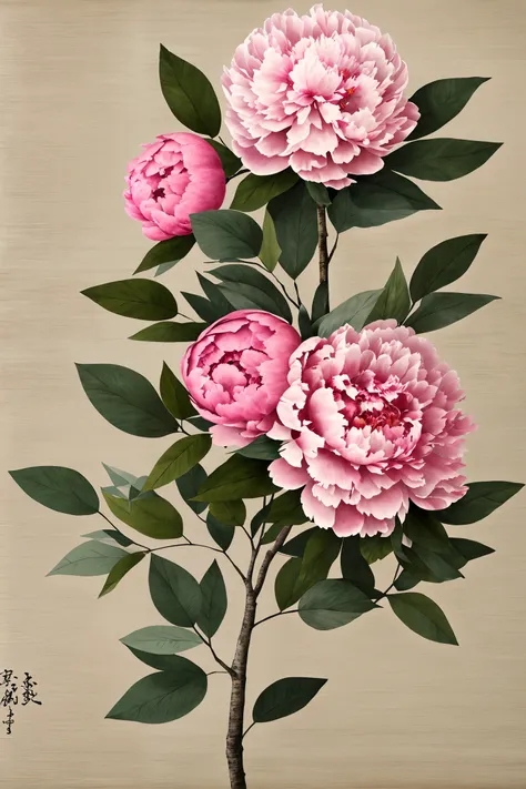 (detailed and realistic peony tree),(traditional media, paper texture),soft and gentle light,zen, harmonious color scheme.