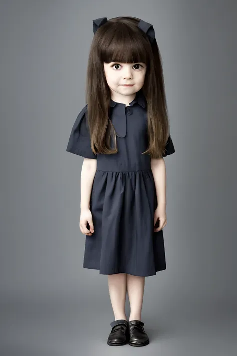 (same character, front, side, back), simple background, (full body), little girl, dark hair, exaggerated hairstyle, big eyes, tr...