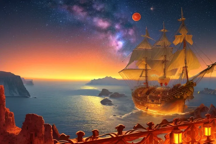 very detailed 8k wallpapers, (high detail: 1.1), (masterpiece: 1.1)), [anime: Impasto: 0.5], intricate, fantasy, (1 ship), (ocean: 1.2), [golden boat: golden boat with (green light: 1.2): 0.1], clear sky, wind, beautiful sky, (night sky), (galaxy), (huge b...