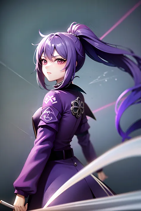 purple hair, chinese style, high ponytail, single ponytail, long jacket, long knife, fleece collar jacket, purple eyes, two-dime...