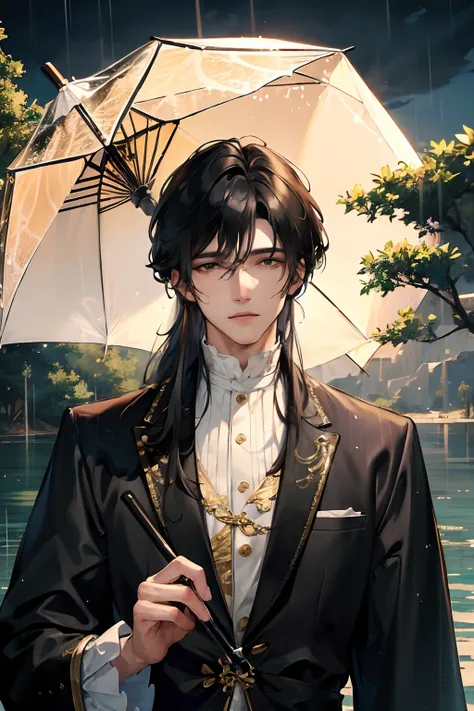 (((Masterpiece))), best quality, ultra-detailed, outdoor night scenery by the lake with tree branches and a full moon. In the center stands a mature man with black hair and black eyes, long hair with bangs, handsome and masculine yet gentle. Hes wearing bl...