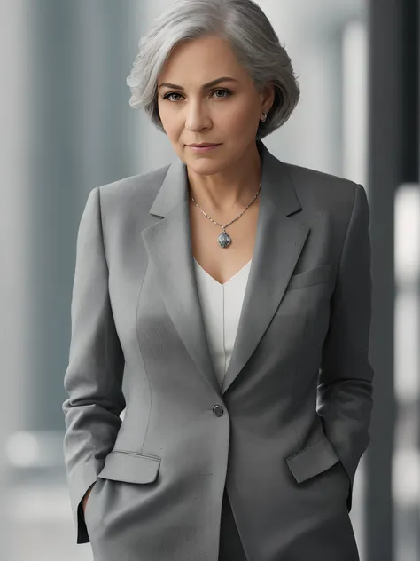 photo of a gray-haired woman in an elegant business suit, wide-frame photo, photo shoot style, exquisite, detailed, dramatic, el...