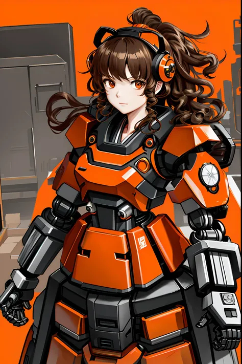 best quality, high_resolution, distinct_image, detailed background ,black and orange hanbok,fused robot,girl,holding weapon,mecha musume:0.5, in factory,exoskeleton, bear headband, long curly brown hair
