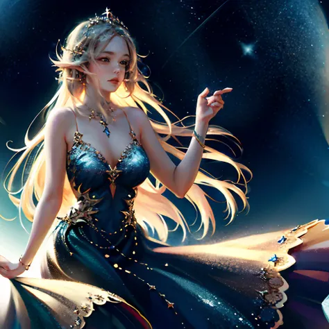 ((highres, wallpaper)), 1 girl, long hair, pretty dress, soft light, lovely face, starry eyes, half body, fairy background, photon texture, physics-based rendering, looking up at the sky