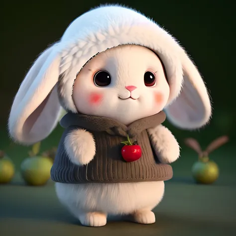 : 3. rabbit, realistic, hairy, clothed animal, apple, dark circles, blush, cherry, food, fruit, full body, hat, non-human, straw...