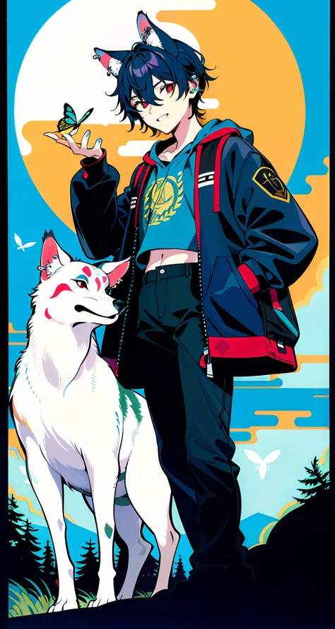 (whole body), (1 teenager)) in rags with (1 wolf cub)) in the hands of a boy, (night), (full moon), masterpiece, high quality, solo focus, (total: 1.04), (red eyes:1.1), whole body, at a high angle, (perfect face: 1.1) complex (high detail: 1.1) body, clos...