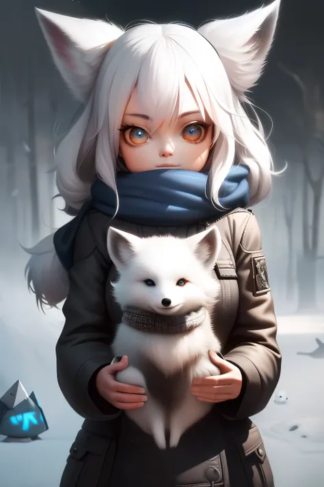 style-nebmagic, portrait of a round fluffy cute baby arctic fox with a scarf made of style-sylvamagic in the snow, by ismail inc...