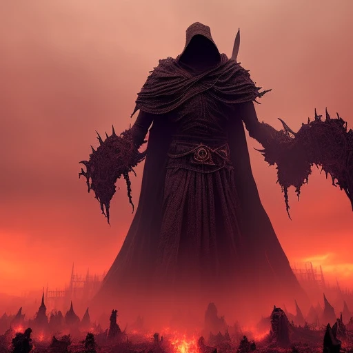 (Atmospheric, detailed) ((dark fantasy)) masterpiece, best quality, ultra-detailed CG unity 8k wallpaper.
A colossal figure ((cloaked with a ceremonial battle robe and donning rusted metal pauldrons)) besieges an enemy demon castle amid a raging red sand...